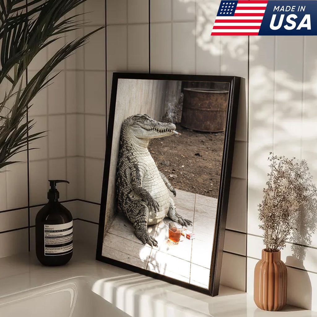 Funny Crocodile Smoking & Drinking Coffee Canvas Wall Art, Dark Humor Animal Illustration