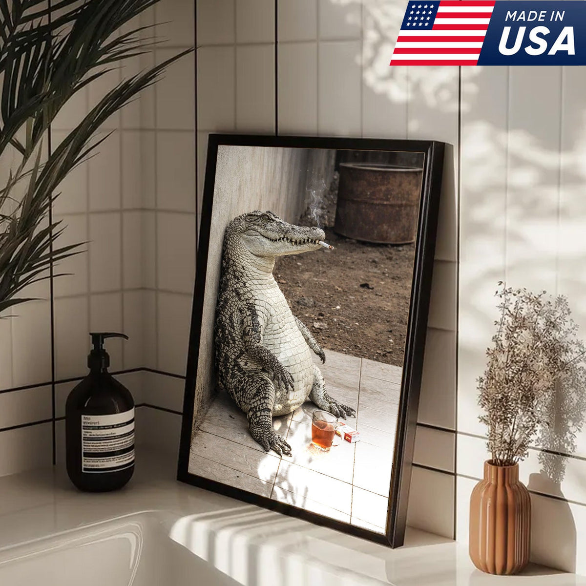 Funny Crocodile Smoking & Drinking Coffee Canvas Wall Art, Dark Humor Animal Illustration