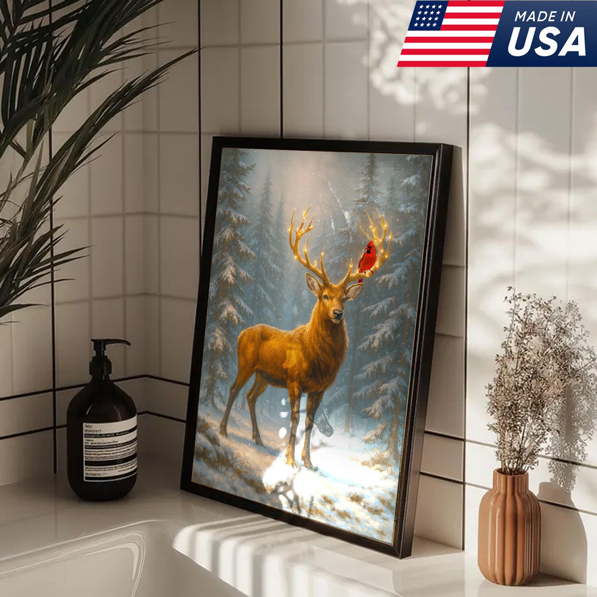 Majestic Deer Christmas Canvas Wall Art – Winter Woodland Decor, Lighted Antlers Canvas