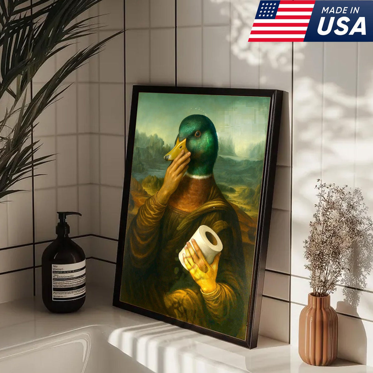 Funny Duck Canvas Wall Art, Parody Bathroom Artwork, Humorous Animal Portrait Decor