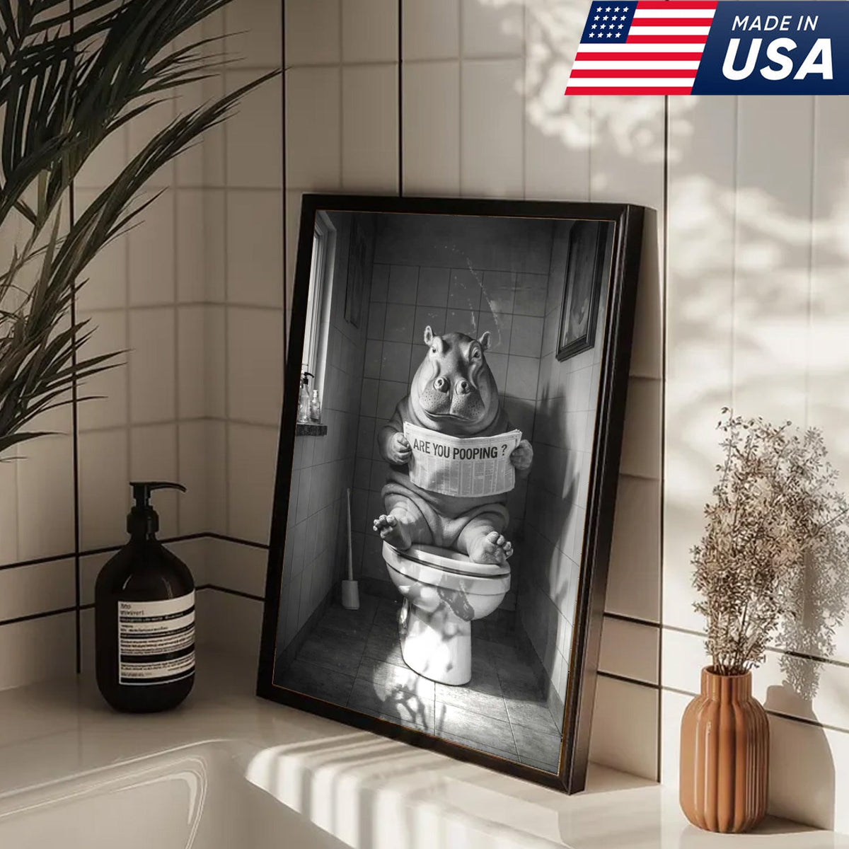 Funny Hippo Bathroom Wall Art, Are You Pooping Hippo Toilet Canvas