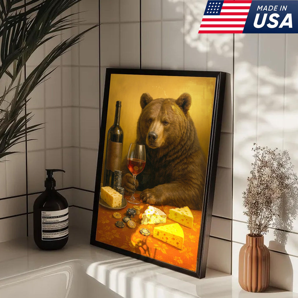 Funny Bear Wine & Cheese Wall Art Canvas - Poker Room Decor, Animal Painting for Home Bar