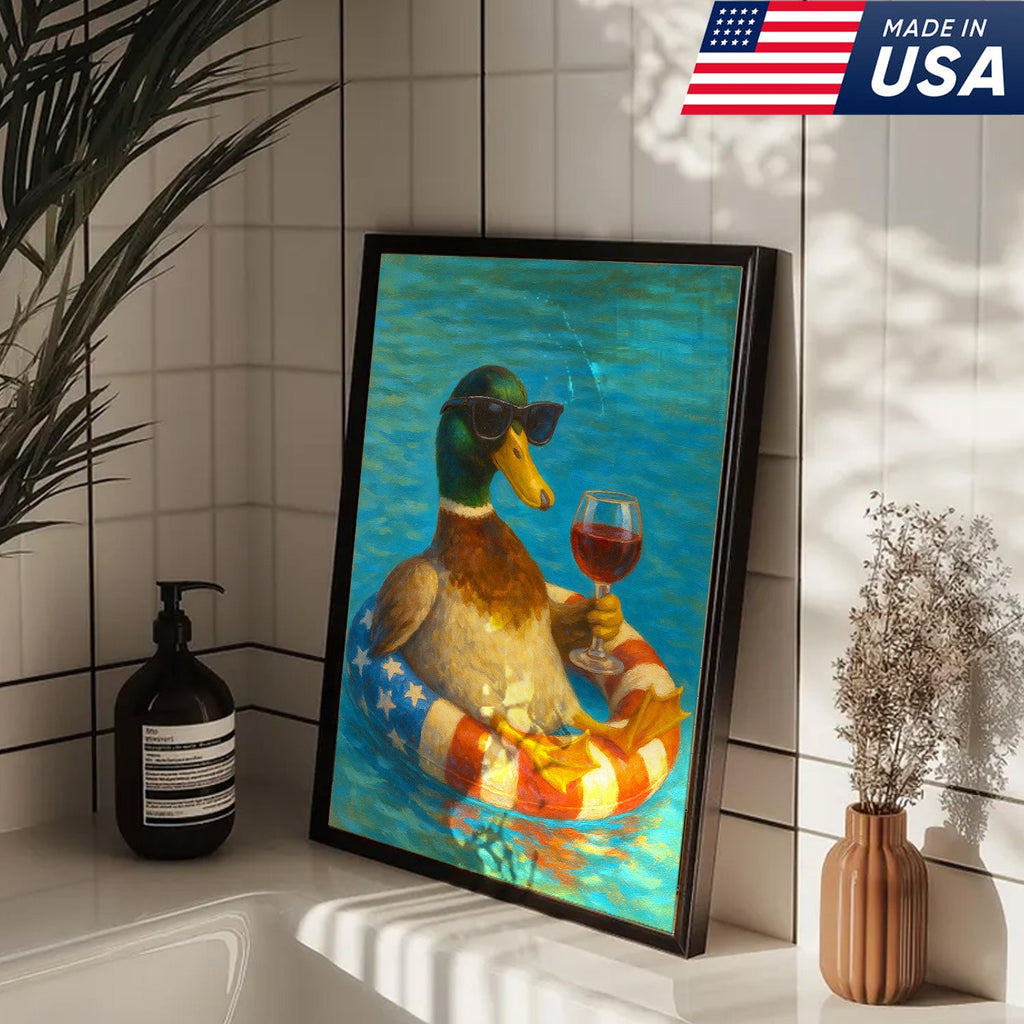 Cool Duck with Wine Canvas – Sunglasses, USA Flag Pool Float, Funny Summer Wall Art