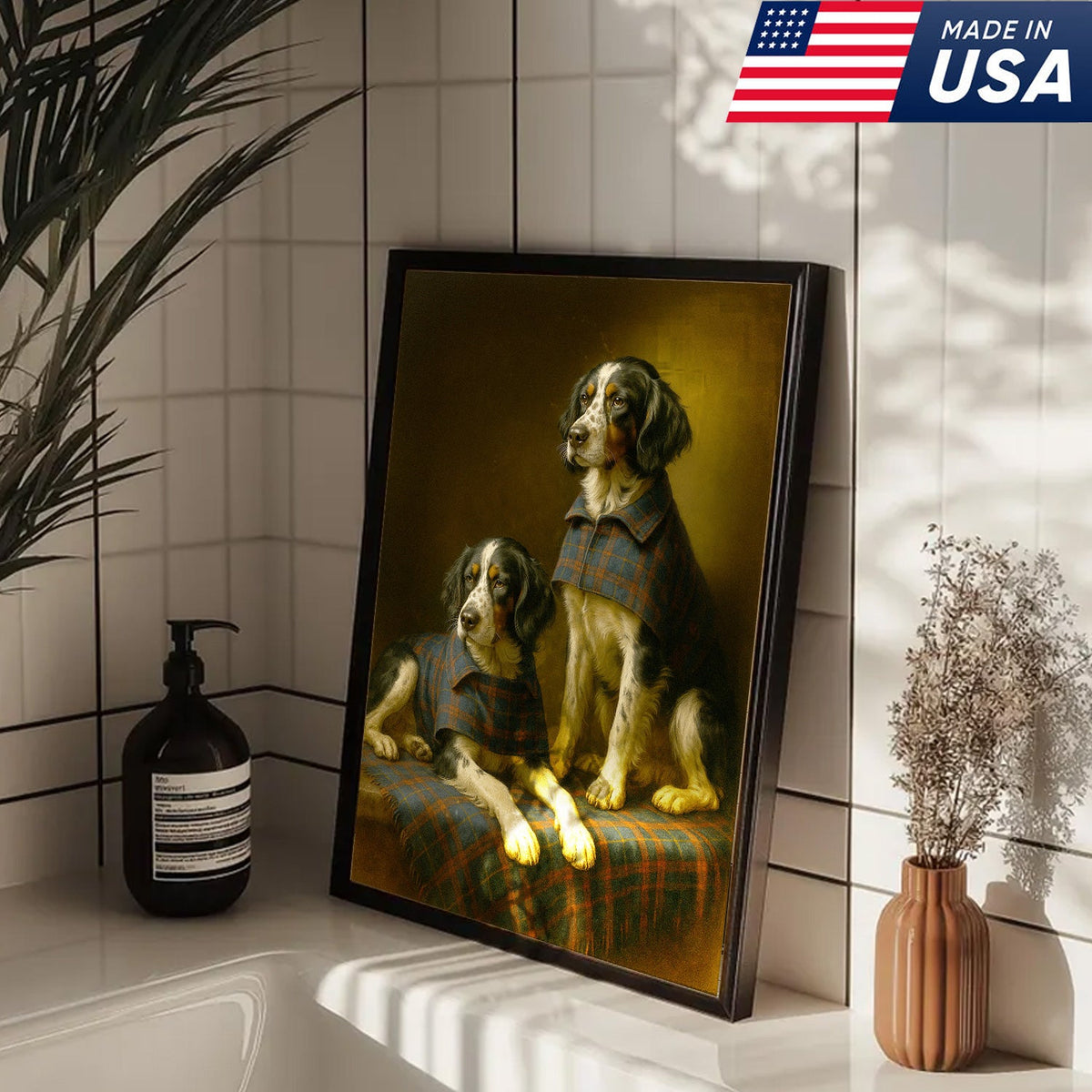 Elegant Dog Portrait Christmas Canvas Wall Art – Classic Plaid Outfit Decor