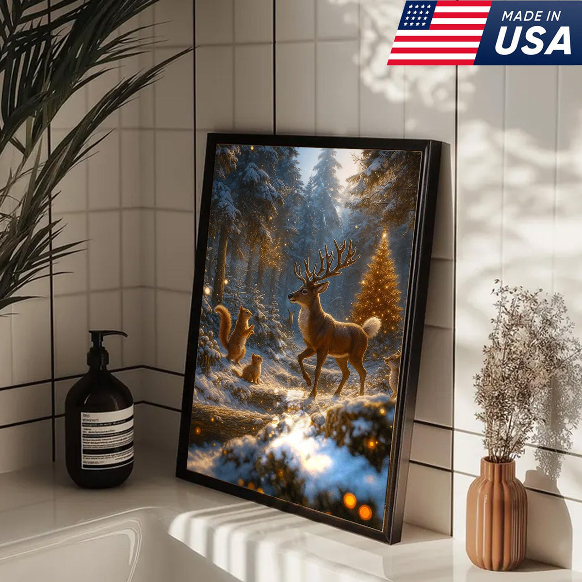 Christmas Deer Forest Wall Art Canvas – Magical Winter Woodland Print