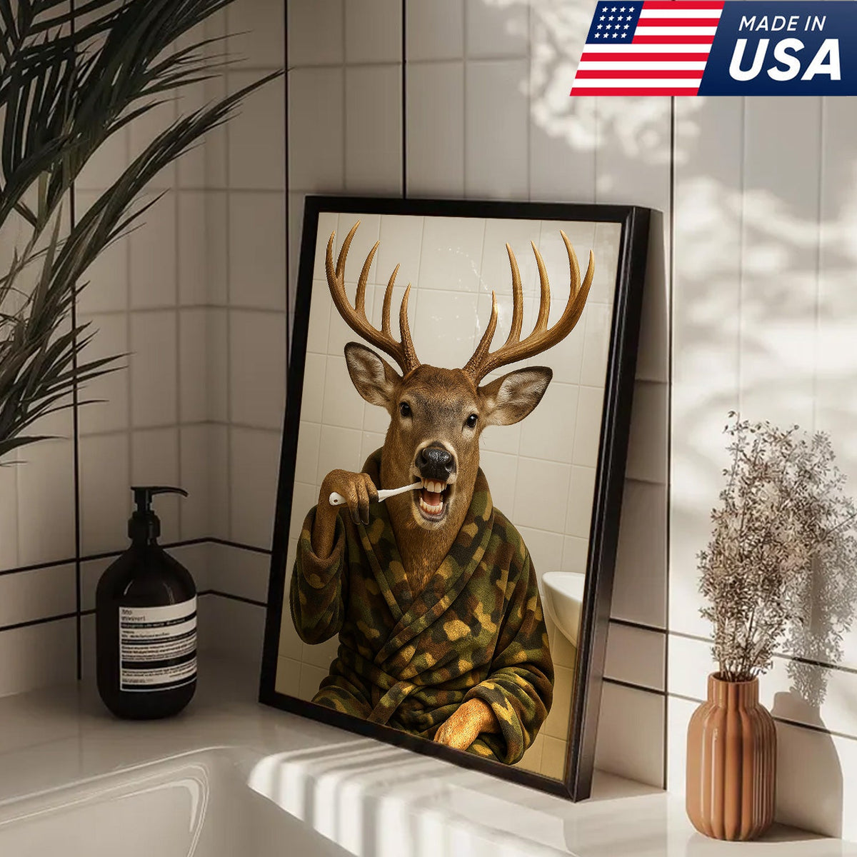 Funny Deer Brushing Teeth Wall Art – Rustic Bathroom Canvas for Cabin, Lodge & Man Cave Decor
