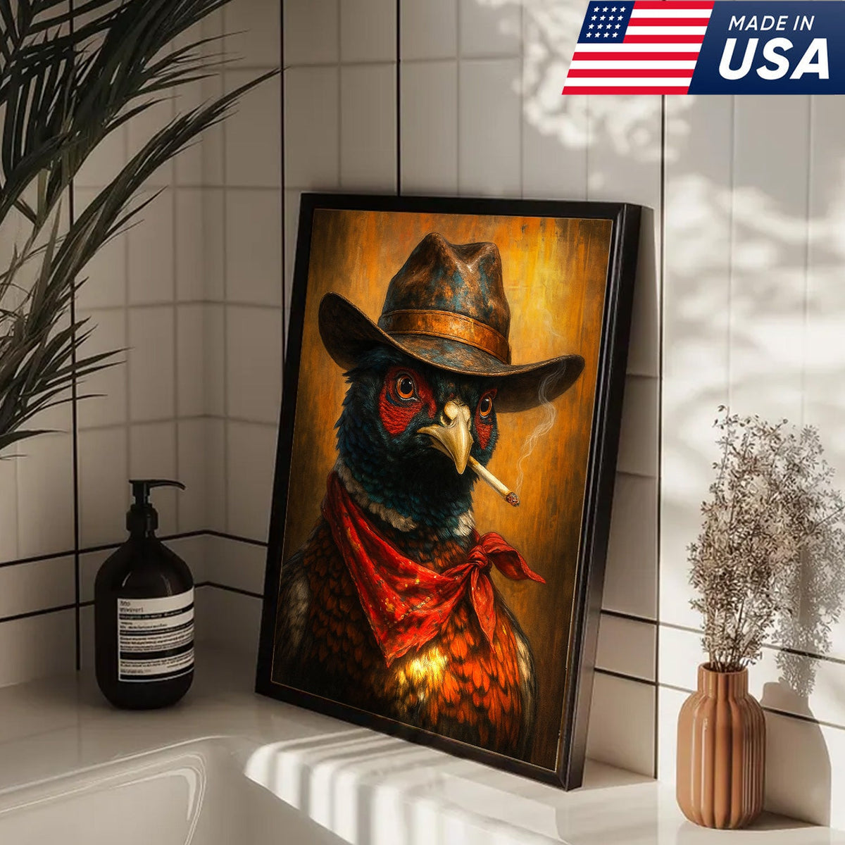 Smoking Pheasant Cowboy Portrait Canvas – Rustic Western Wall Art for Man Cave Decor