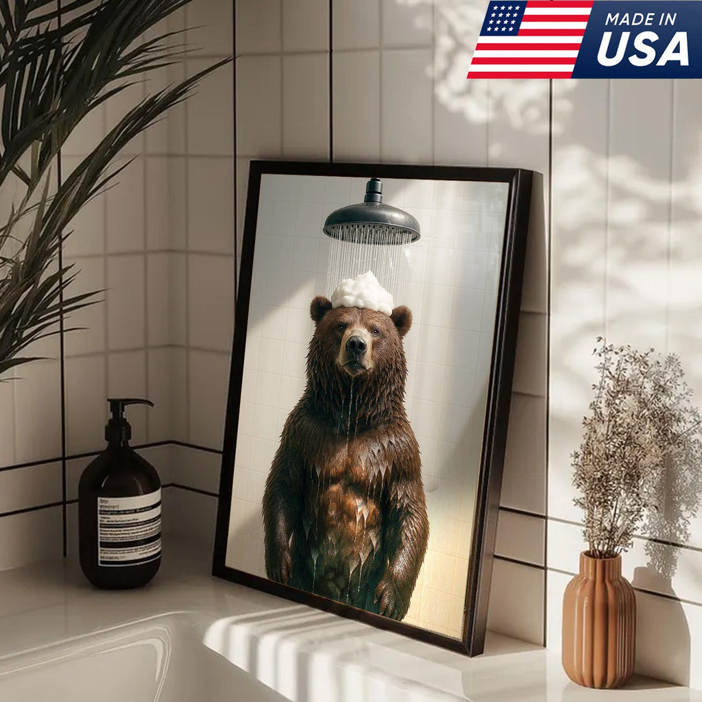 Funny Bear Taking Shower Bathroom Canvas Wall Art, Rustic Cabin Lodge Bathroom Decor