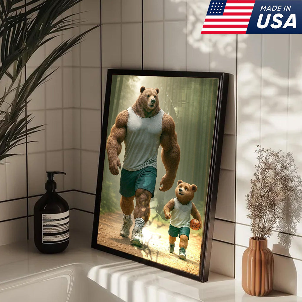 Buff Bear Dad and Cub Canvas Wall Art, Fitness Father and Son Bear Print
