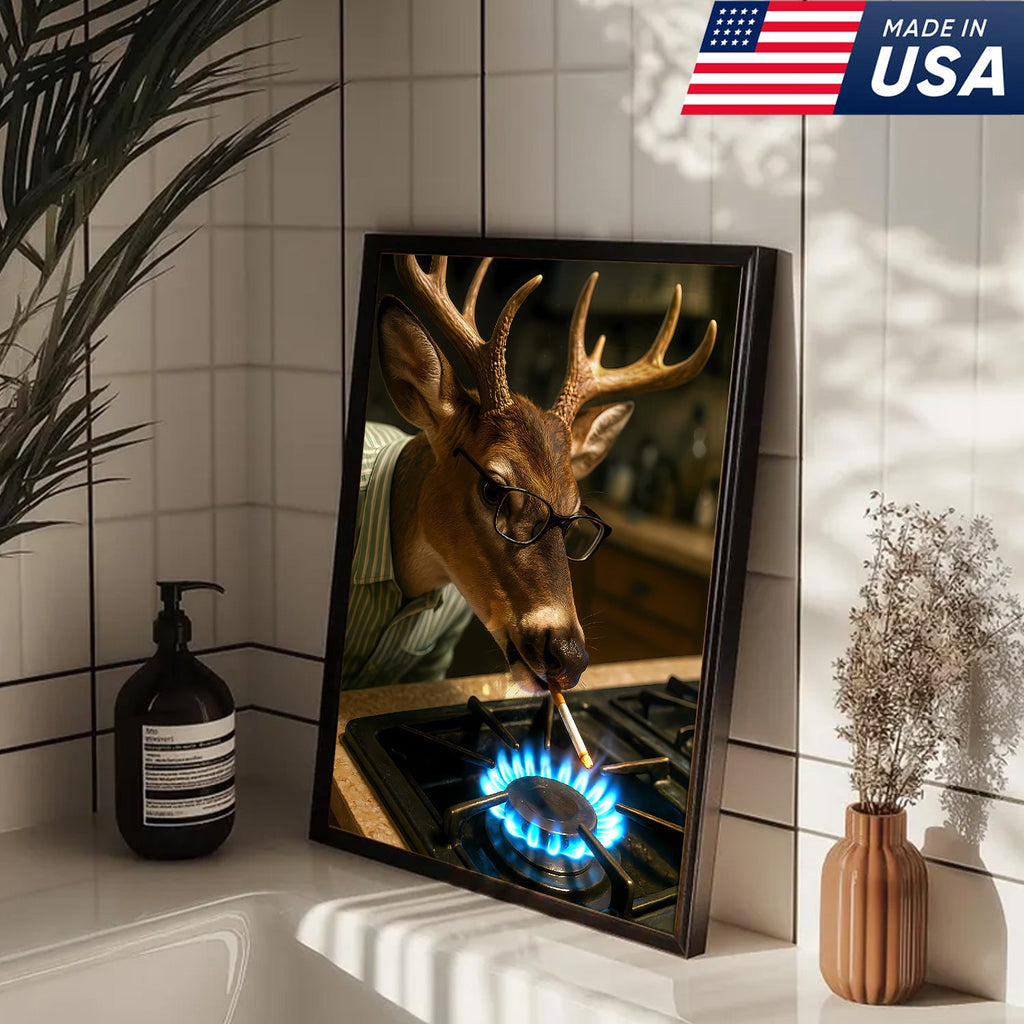 Funny Deer Smoking Canvas, Hilarious Buck Wall Art for Hunters, Rustic Cabin or Man Cave Decor
