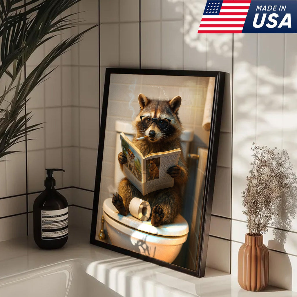 Funny Raccoon On Toilet Canvas – Smoking Raccoon Reading on Toilet, Bathroom Humor Wall Art