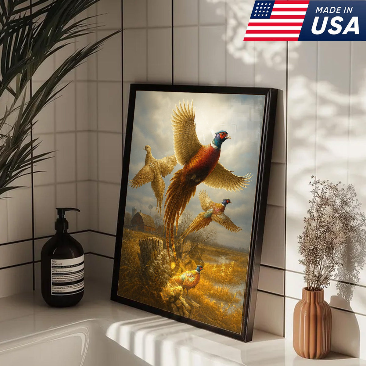 Pheasant in Flight Canvas – Rustic Countryside Wall Art for Lodge & Hunting Decor