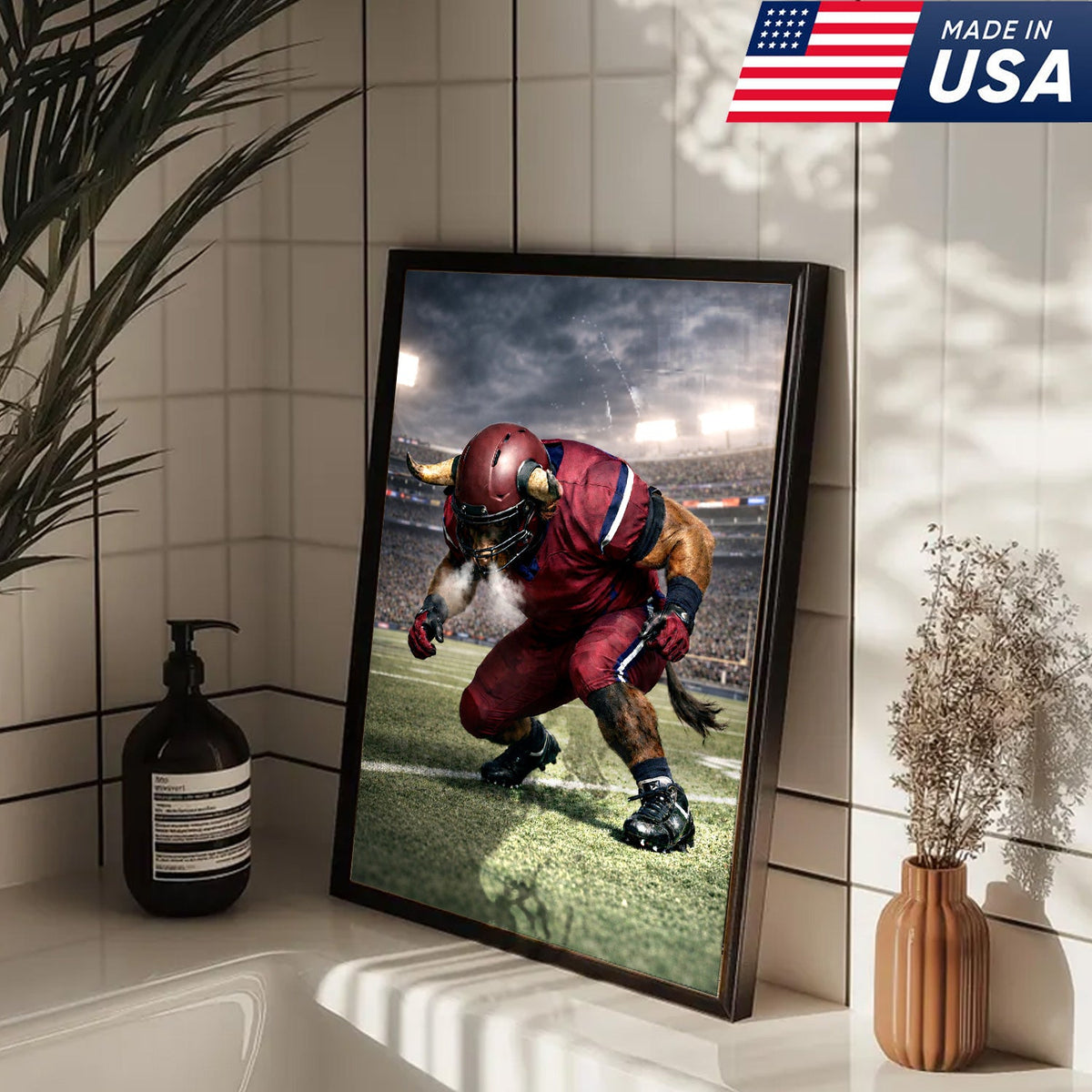Fierce Bull Football Canvas Wall Art – Charging Horned Athlete Stadium Print
