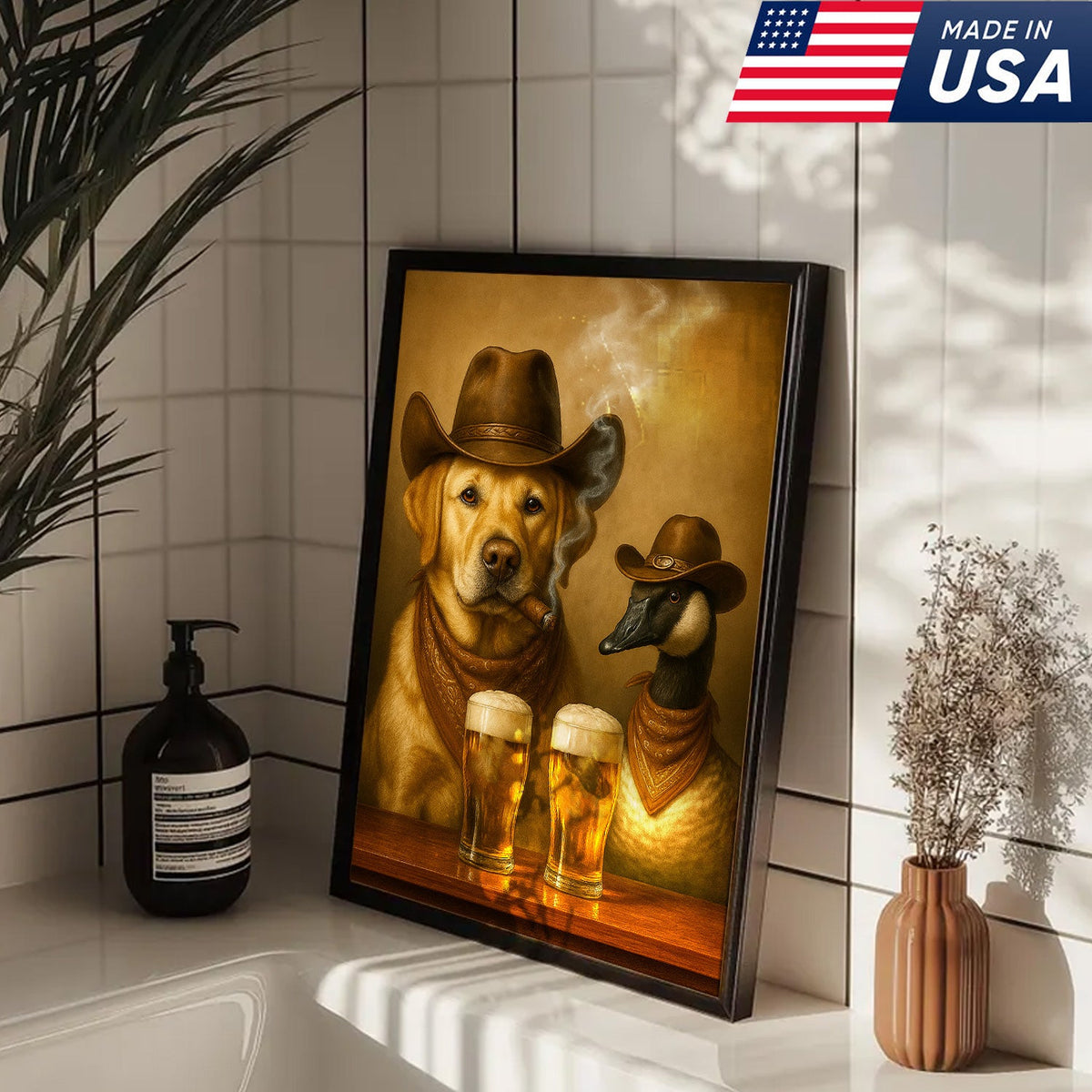 Funny Cowboy Dog & Goose Canvas Wall Art – Funny Beer & Smoking Western Decor for Hunters