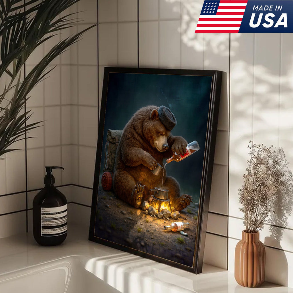 Funny Camping Bear Wall Art Canvas – Whiskey Bear Cooking Print for Cabin