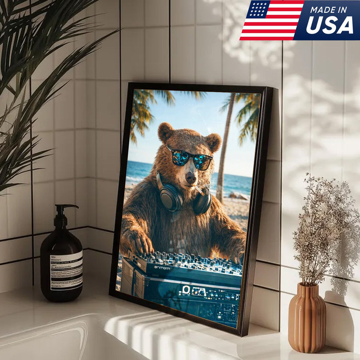Cool DJ Bear Beach Canvas Wall Art – Trendy Animal Music Print