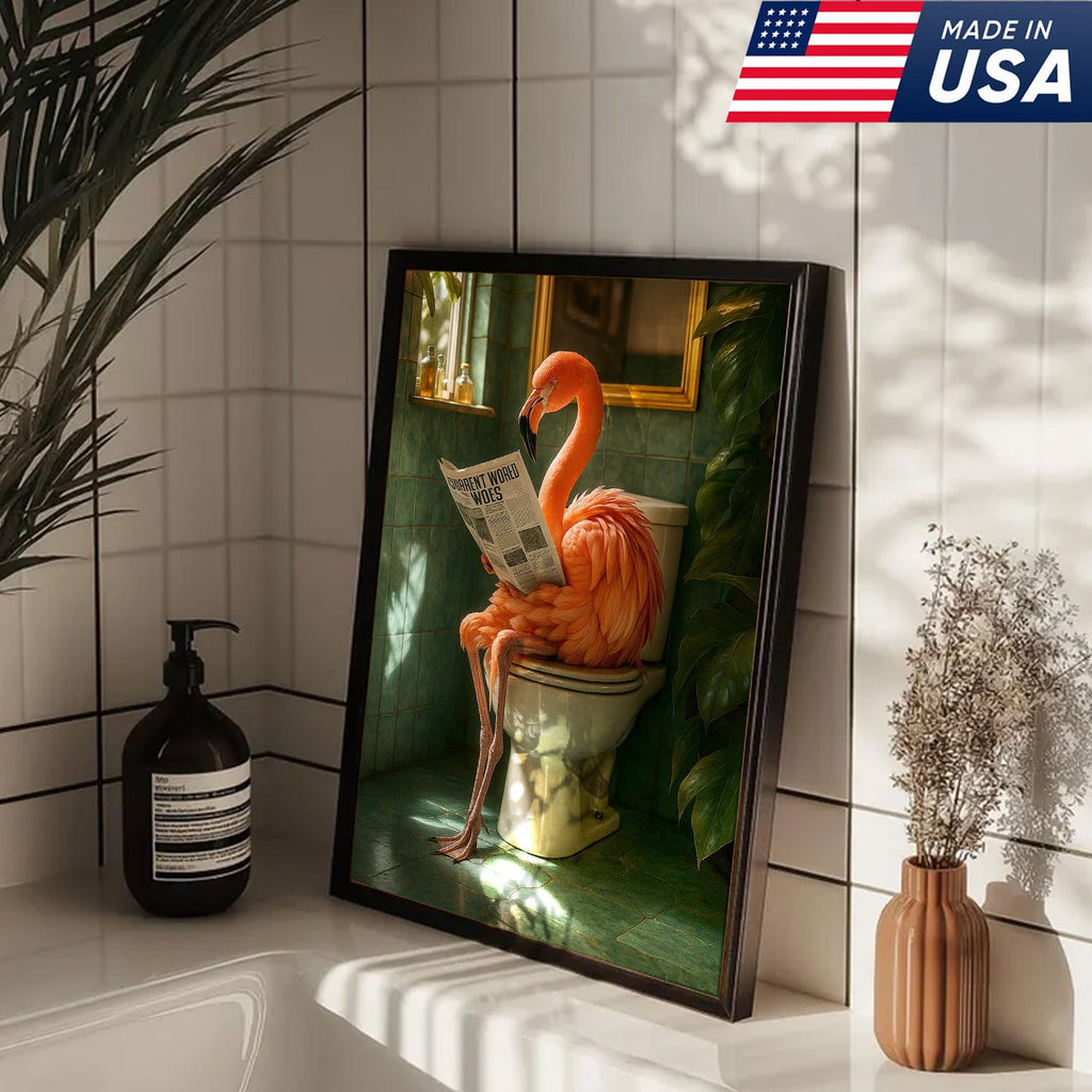 Funny Flamingo Bathroom Canvas Wall Art – Quirky Bird Reading Newspaper Print
