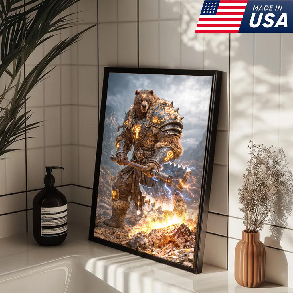 Thunder Rune Bear Canvas Wall Art – Epic Fantasy Warrior with Lightning Axe