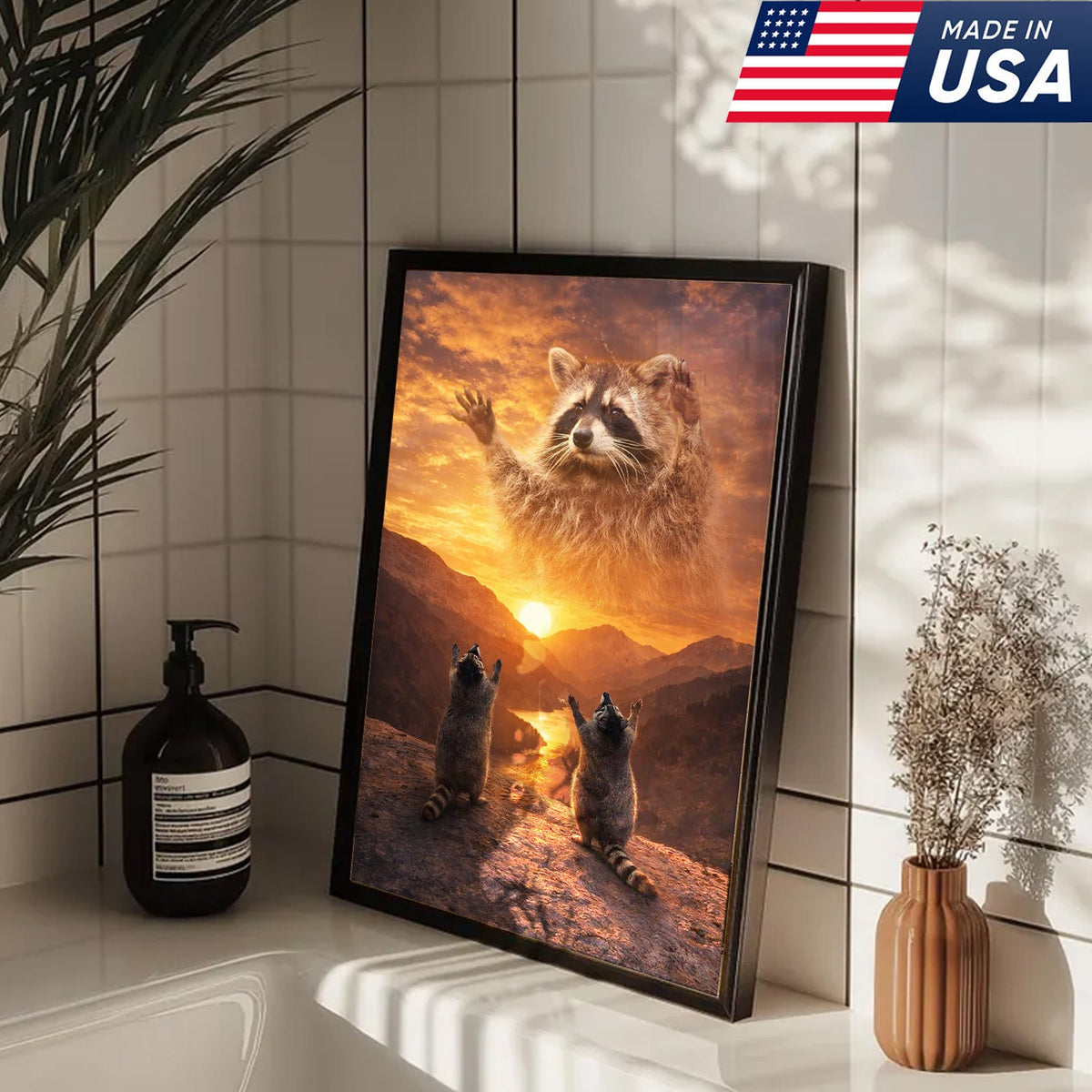 Funny Raccoon God Sunset Canvas Wall Art, Raccoon Worship Mountain Landscape