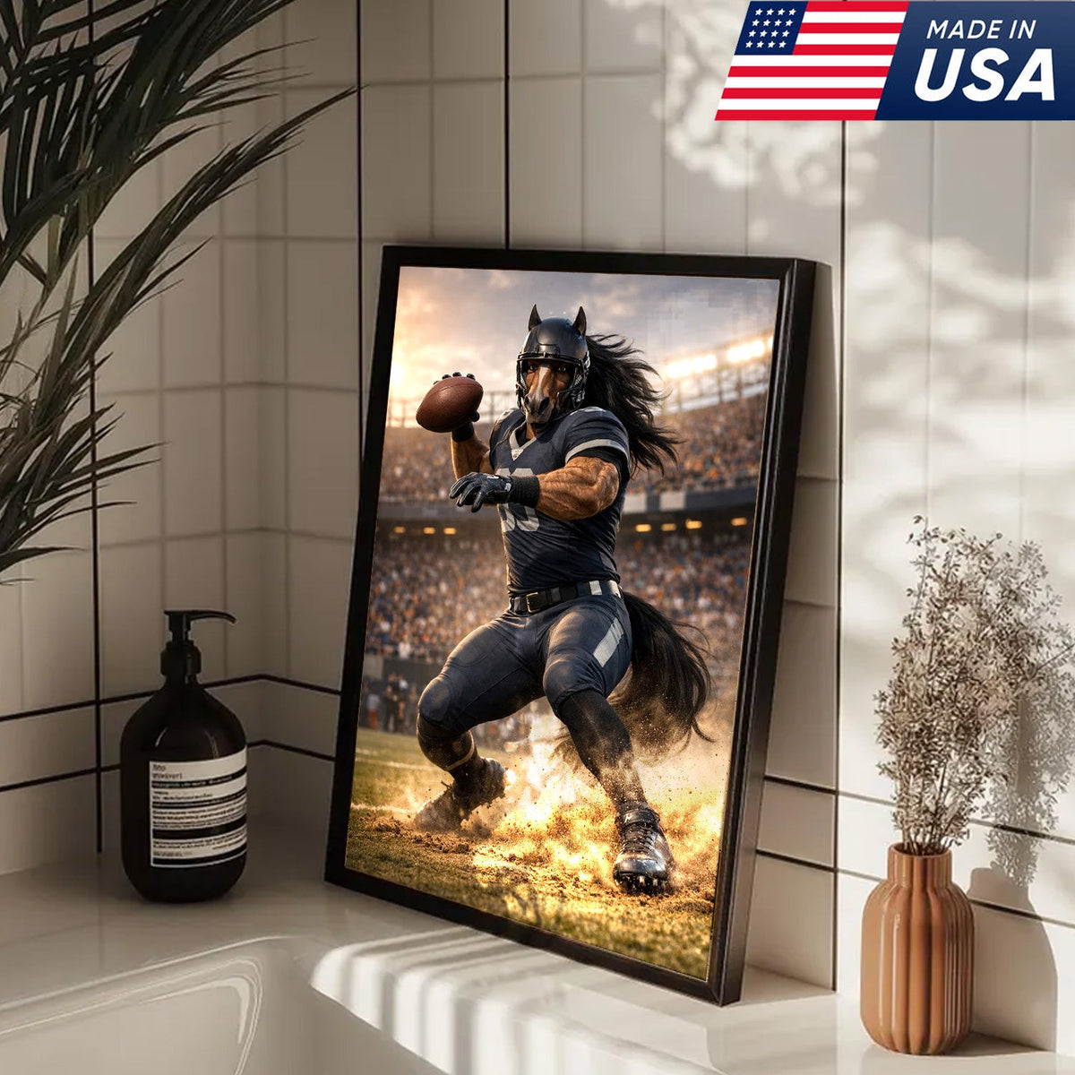 Dark Stallion Football Canvas Wall Art – Powerful Horse Athlete Stadium Action Print