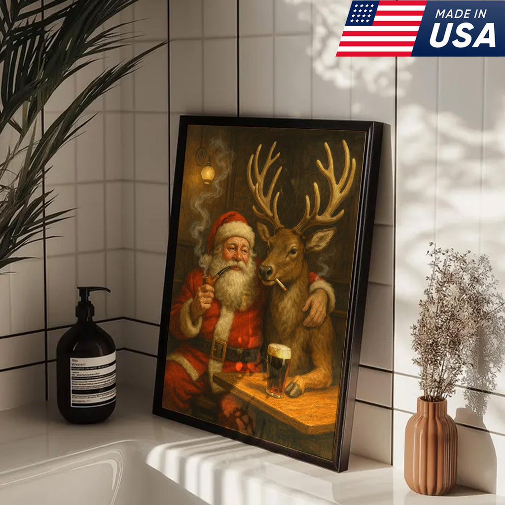 Funny Santa and Reindeer Wall Art Canvas – Rustic Christmas Lodge Decor