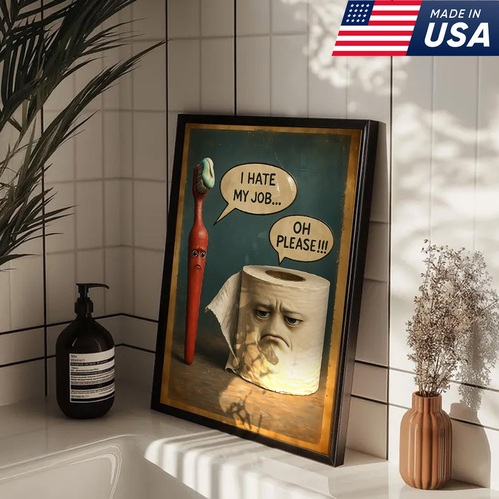 Funny Bathroom Humor Canvas Wall Art, Talking Toothbrush and Toilet Paper Print