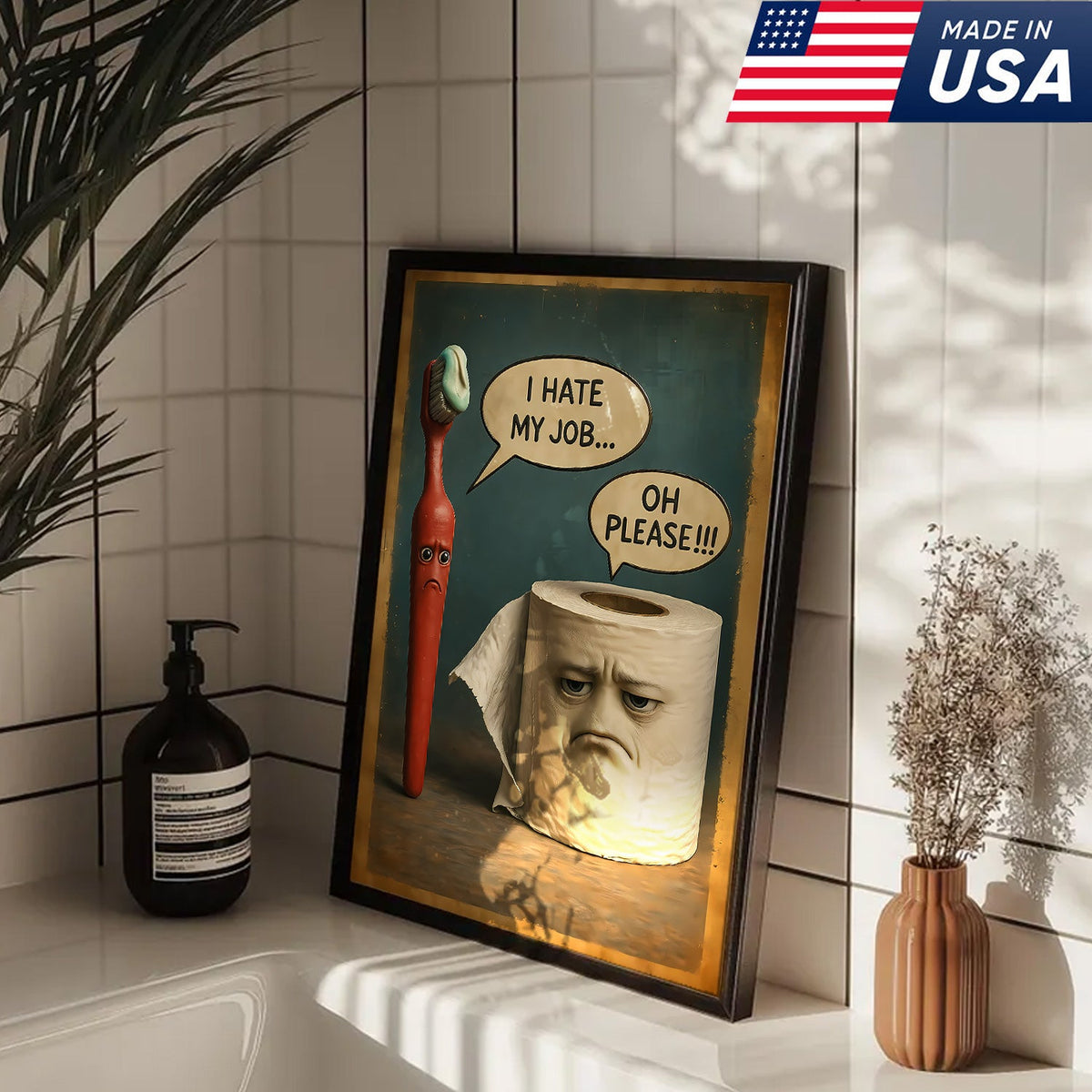 Funny Bathroom Humor Canvas Wall Art, Talking Toothbrush and Toilet Paper Print