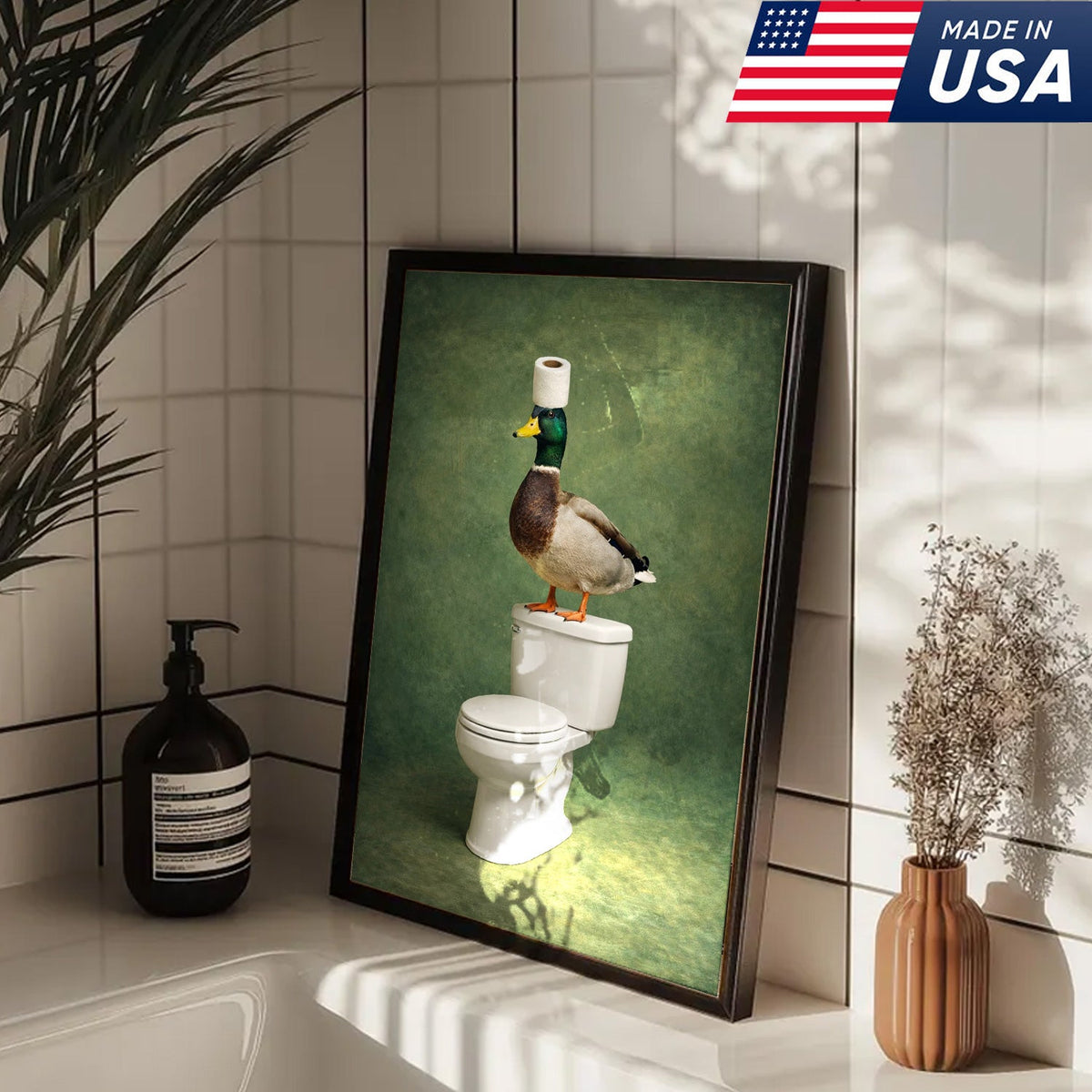 Funny Duck Bathroom Wall Art, Duck on Toilet Bathroom Canvas