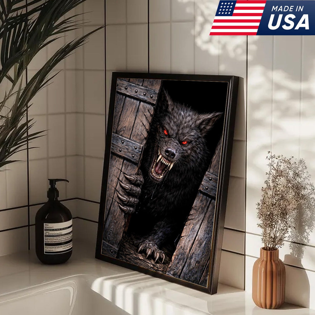Angry Red Eyes Werewolf Canvas Wall Art, Dark Horror Wolf Monster Illustration