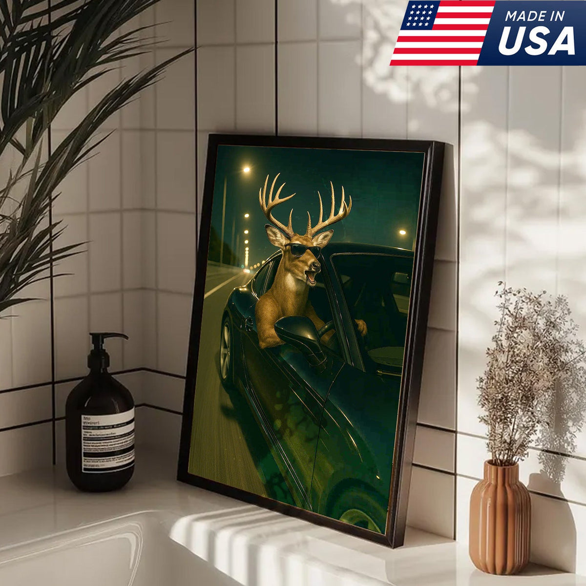 Funny Deer Driving Canvas, Cool Buck in Car Wall Art, Humorous Hunter Gift