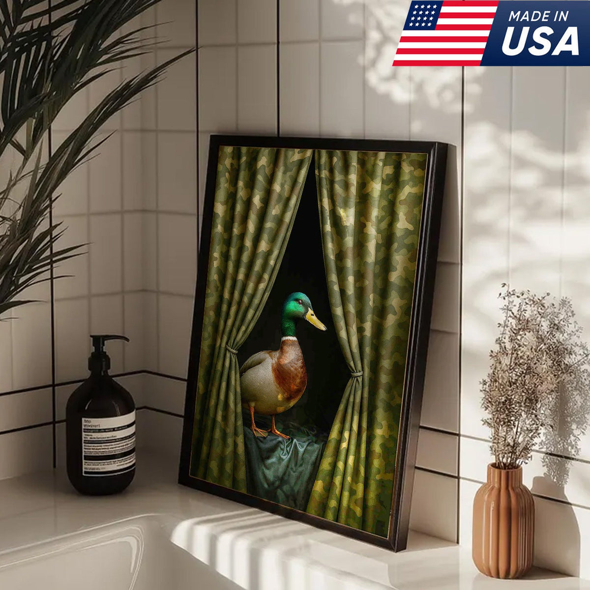 Duck Behind Camo Curtain Canvas Wall Art, Funny Hunting Lodge Decor, Rustic Wildlife Artwork