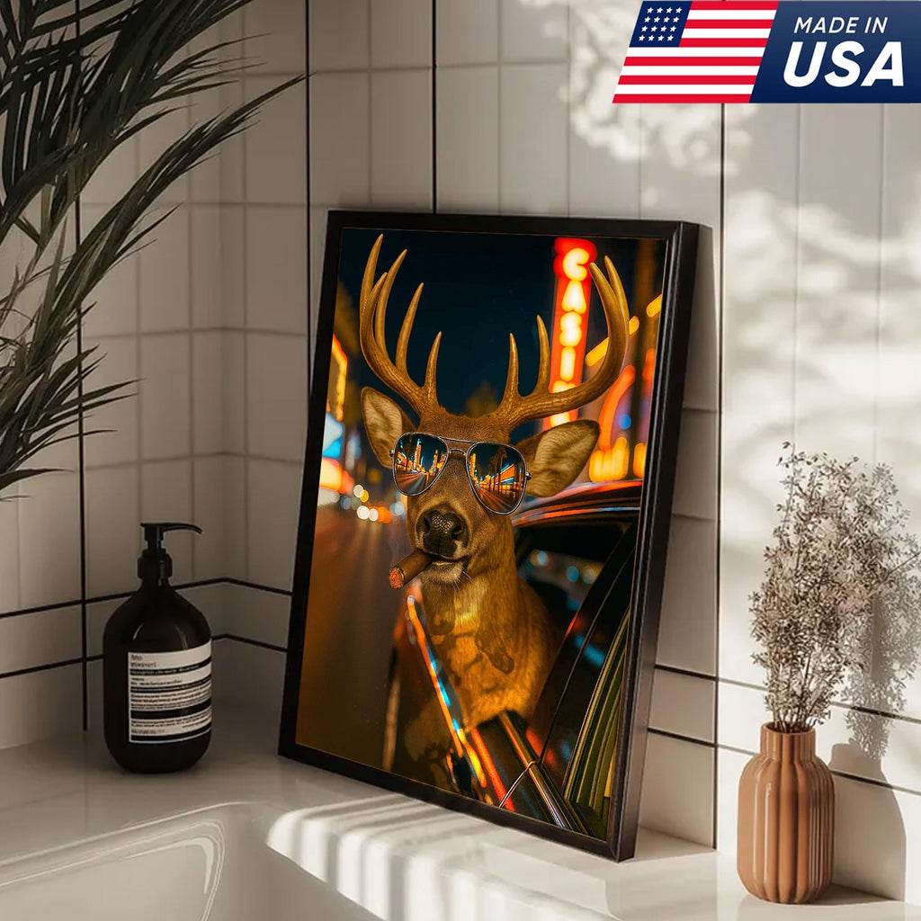 Cool Deer Canvas Wall Art - Funny Rustic Lodge Decor with Sunglasses and Night City Vibes