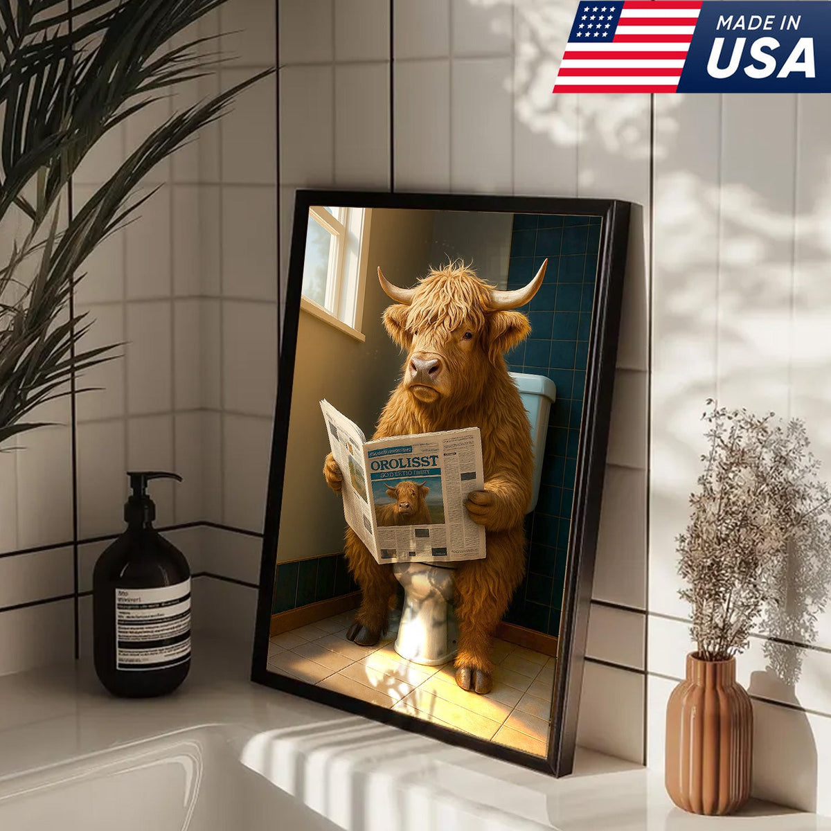Highland Cow Bathroom Canvas Wall Art, Funny Farmhouse Restroom Decor