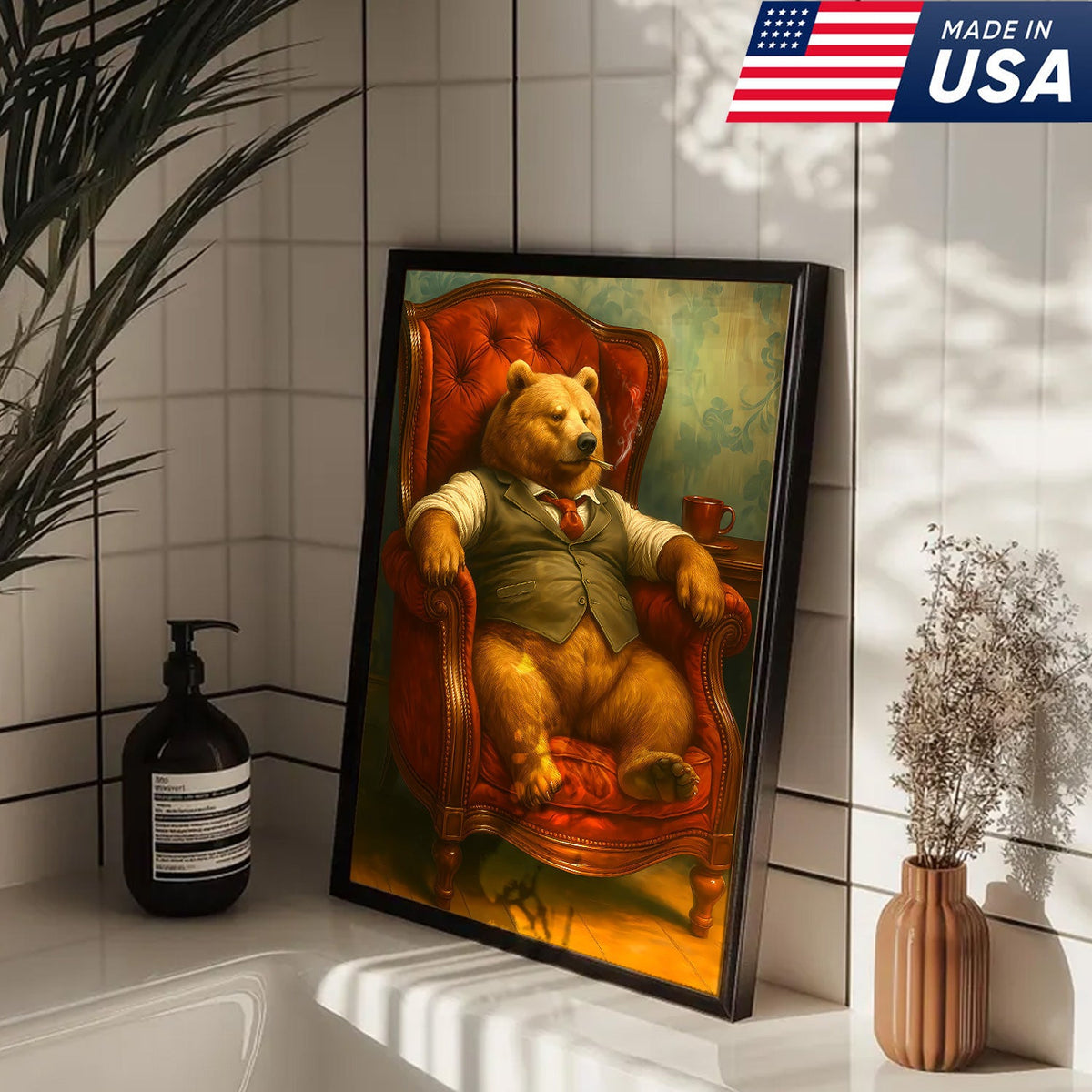 Gentleman Bear Sitting in Chair Canvas Art – Funny Gift for Men Who Love Class & Chill Vibes