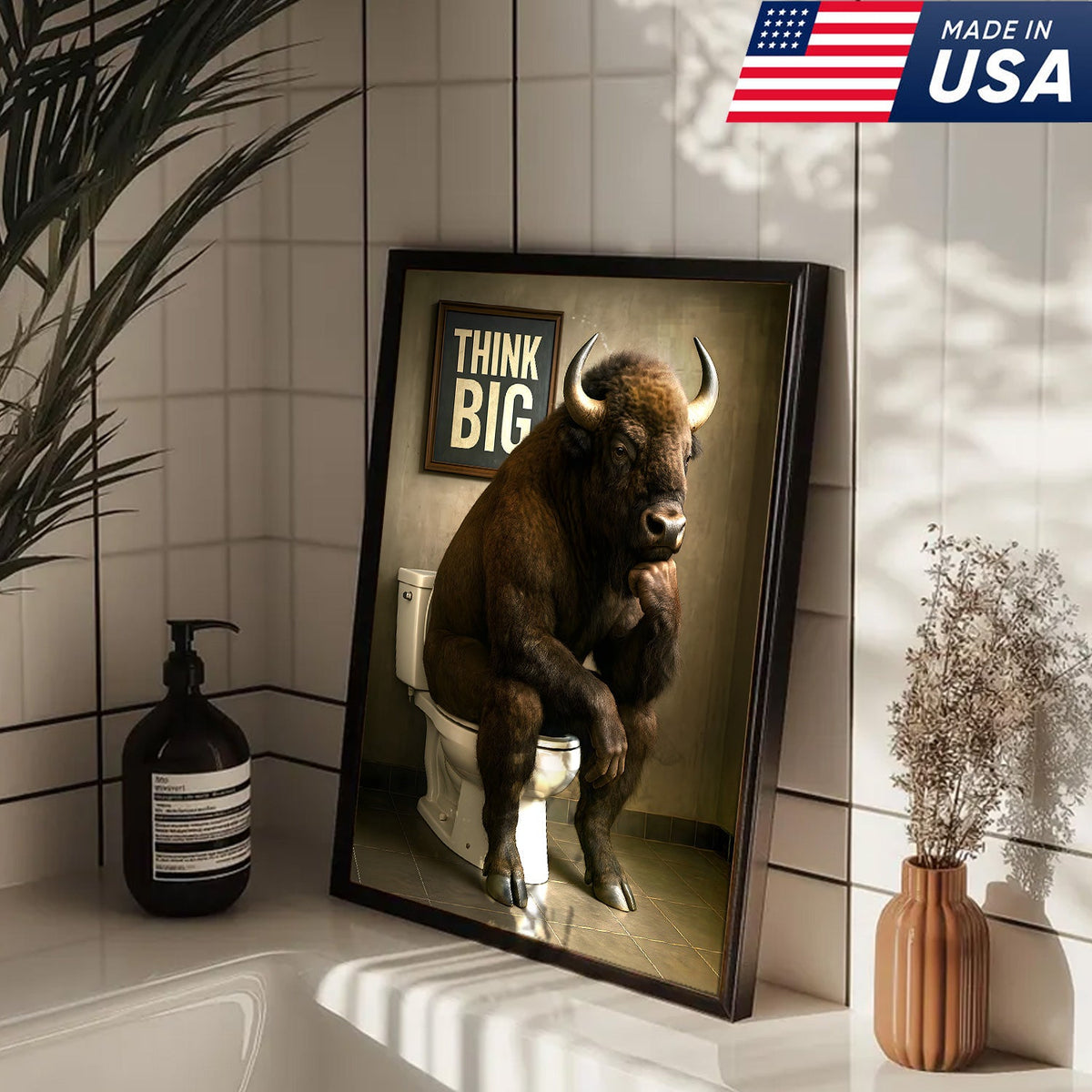 Funny Buffalo Bathroom Wall Art – Think Big Bison Canvas, Rustic Farmhouse Animal Decor