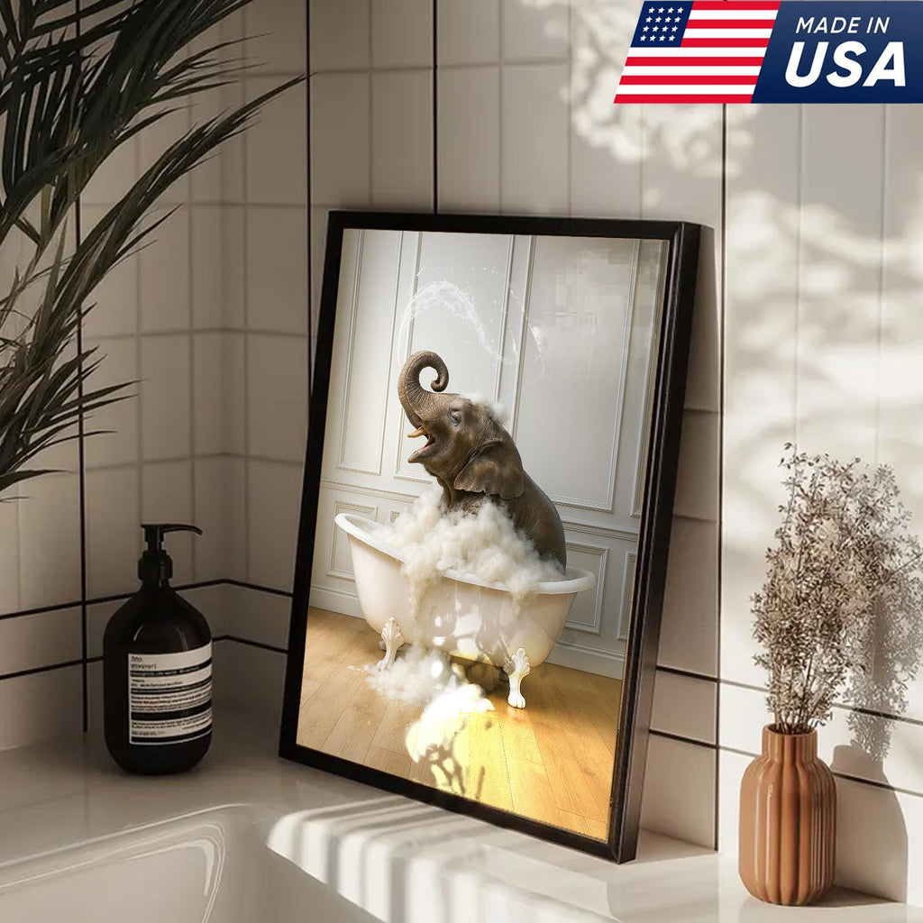 Elephant Bubble Bath Bathroom Wall Art Canvas, Funny Animal in Bathtub Bathroom Decor