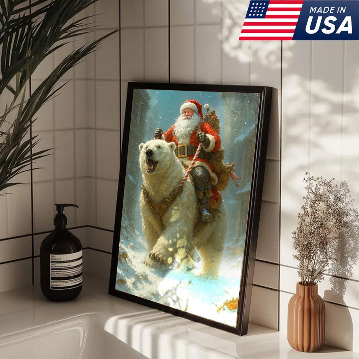Santa Riding Polar Bear Canvas Wall Art, Epic Christmas Adventure Santa Print