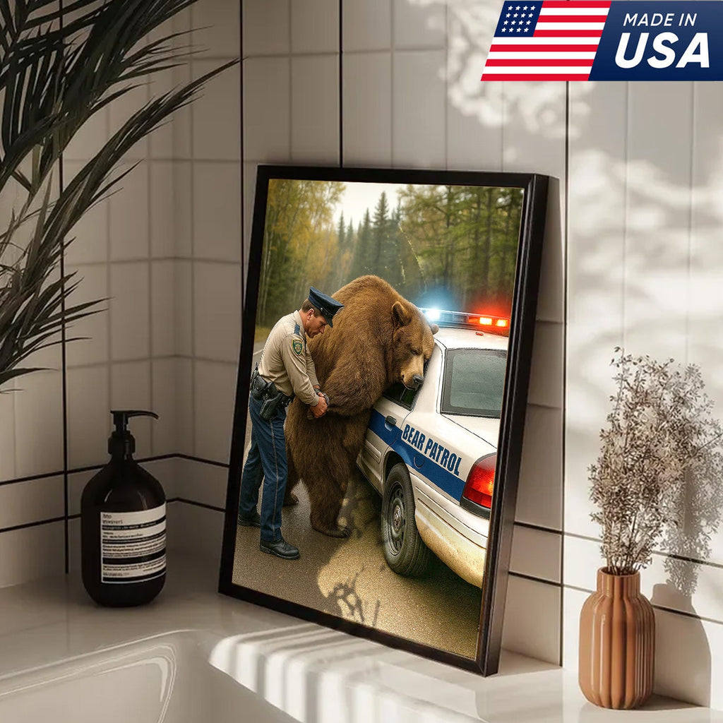 Funny Bear Patrol Canvas Wall Art, Humorous Wildlife Police Artwork, Rustic Cabin Decor