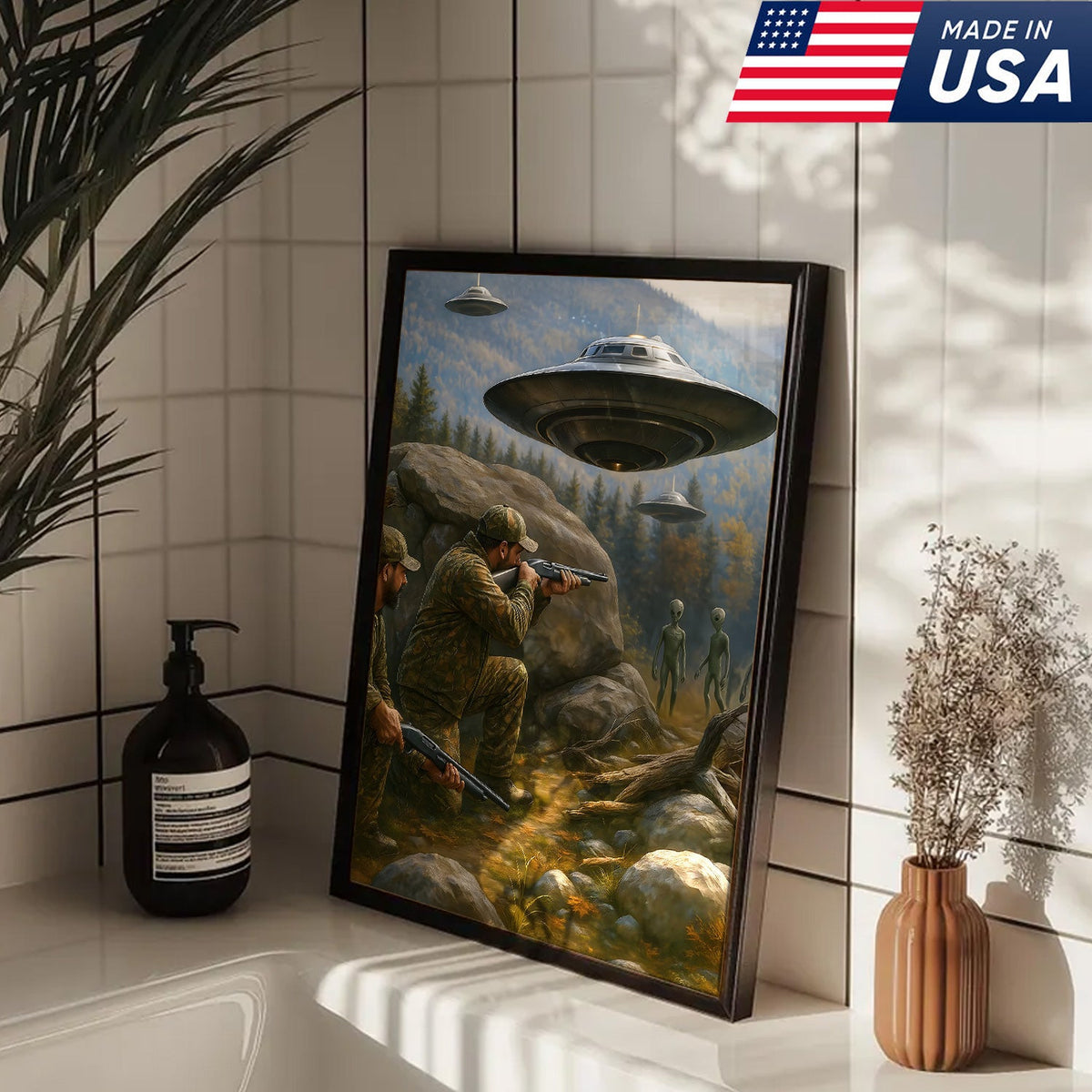 Alien Encounter Hunting Canvas Wall Art, Funny Hunters vs UFO Scene