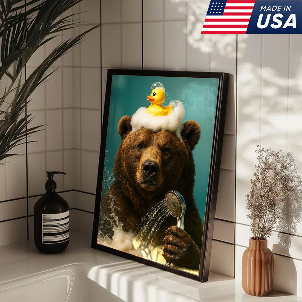 Funny Bear Bathroom Wall Art Canvas – Cute Bear Bubble Bath with Rubber Duck