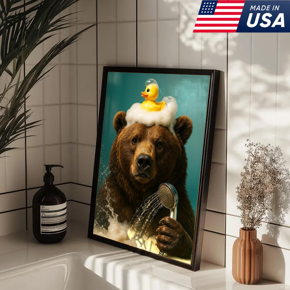 Funny Bear Bathroom Wall Art Canvas – Cute Bear Bubble Bath with Rubber Duck