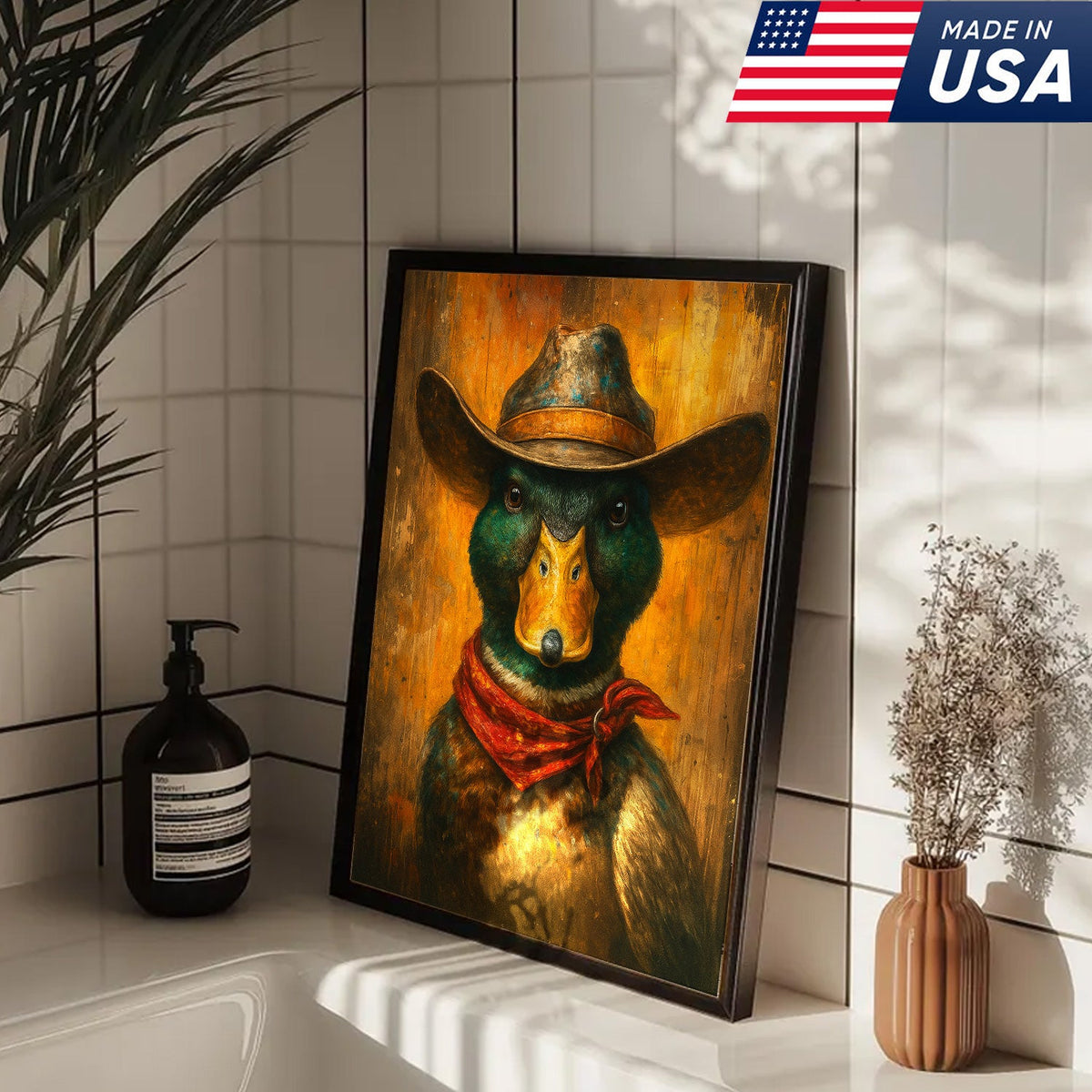 Cowboy Duck Portrait Canvas – Rustic Western Wall Art for Man Cave & Lodge Decor