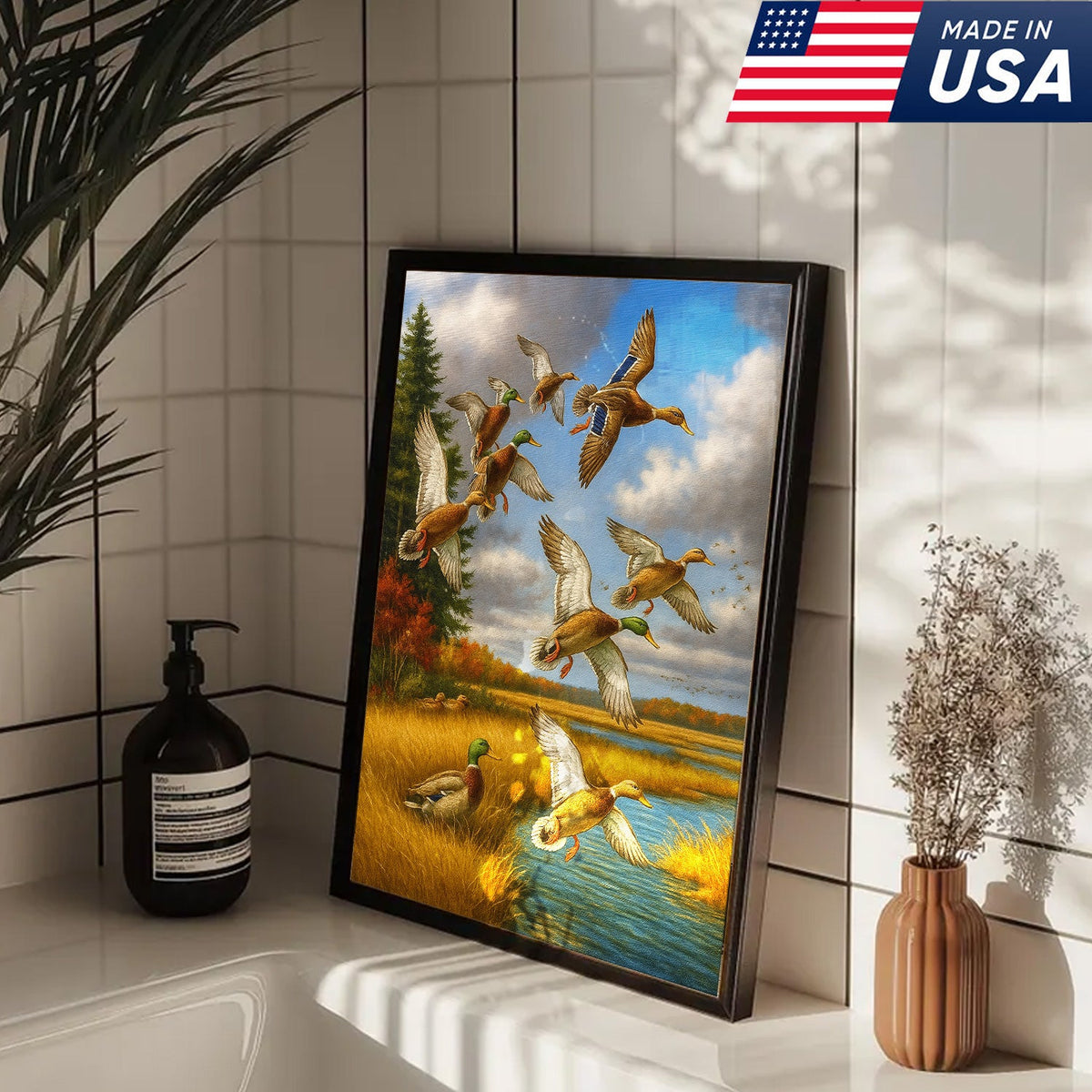 Mallard Ducks Flying Wall Art Canvas – Vintage Waterfowl Hunting Scene Canvas for Outdoorsmen