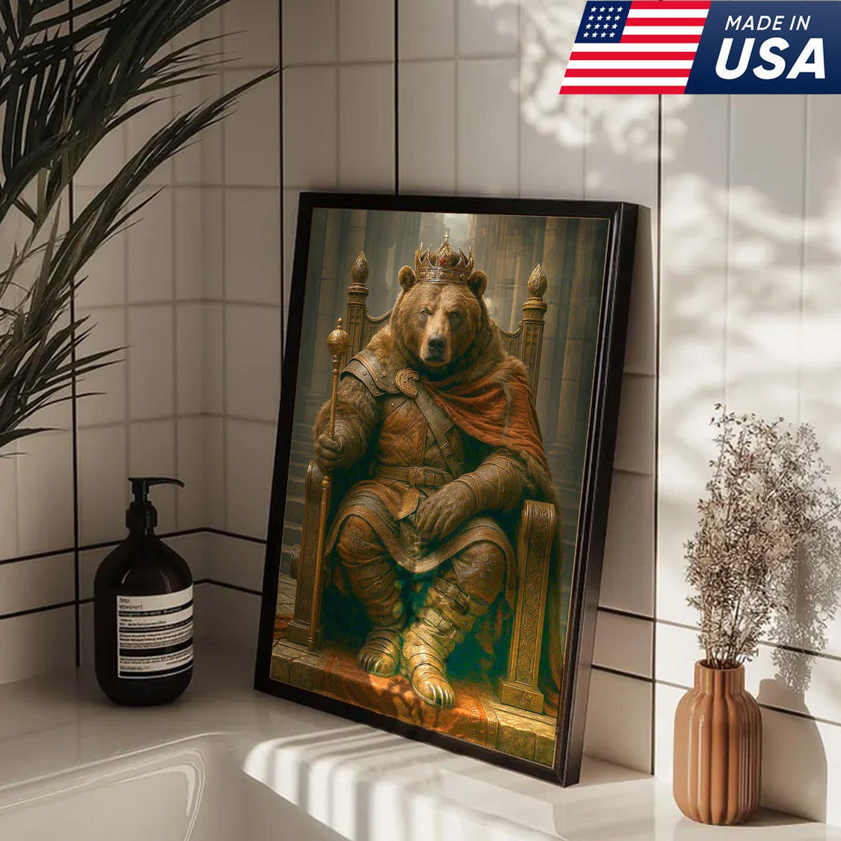 King Bear on Throne Canvas Wall Art, Medieval Crowned Animal Portrait, Rustic Castle Decor