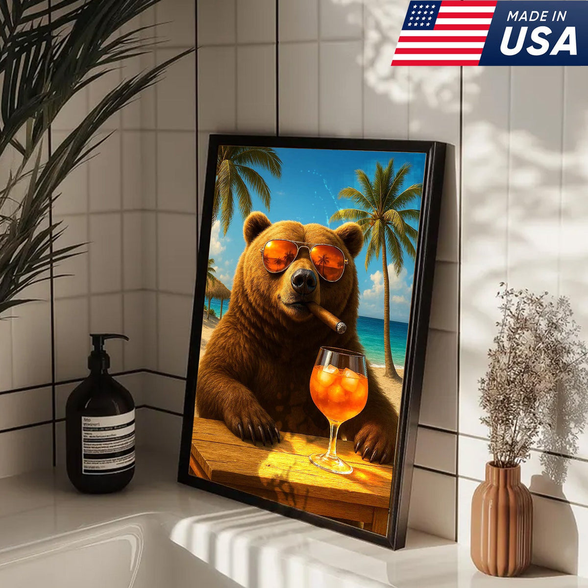 Beach Bear Wall Art Canvas, Cool Sunglasses Bear Tropical Vacation Decor