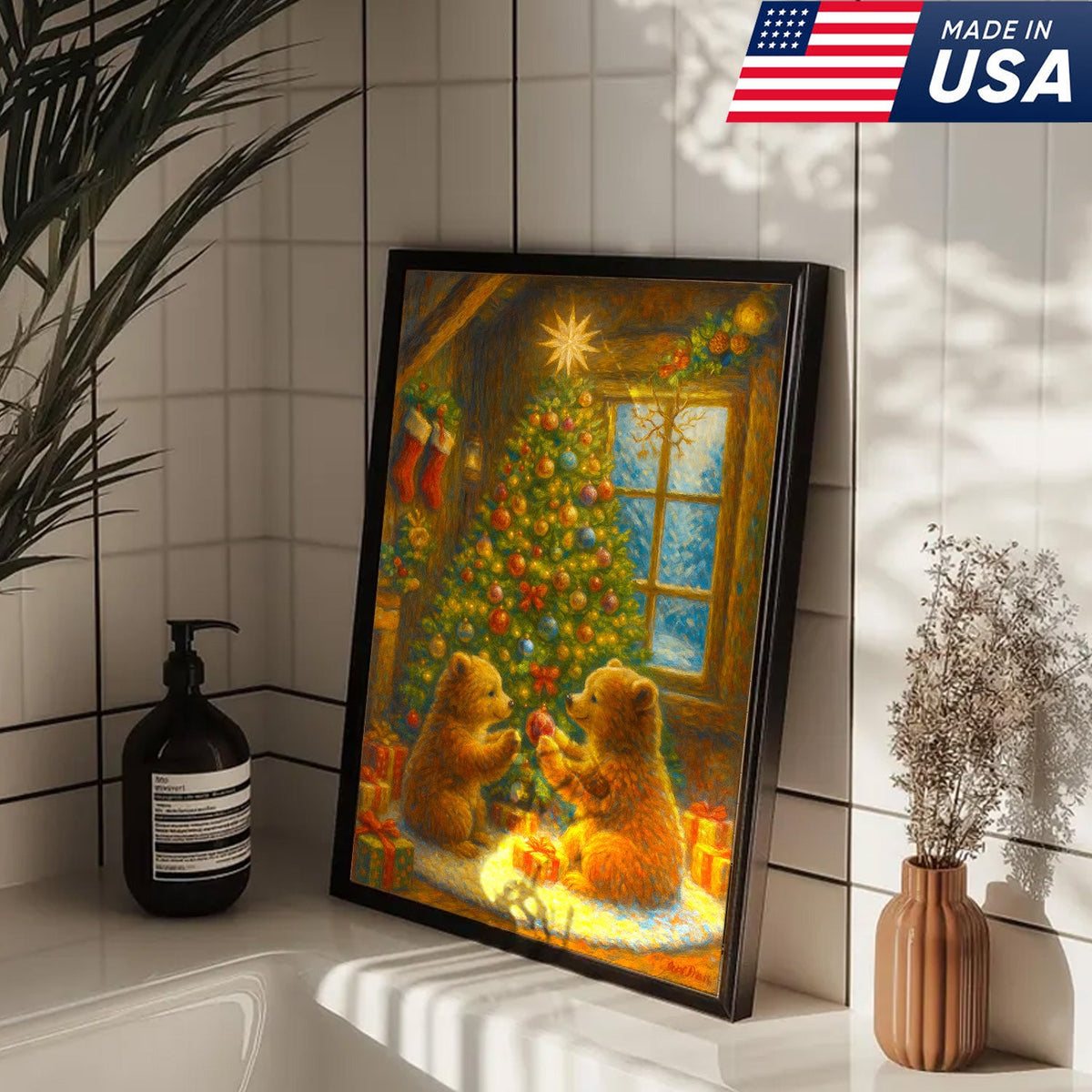 Christmas Bear Cubs Wall Art Canvas — Cozy Holiday Tree Scene, Cute Winter Animal Wall Decor