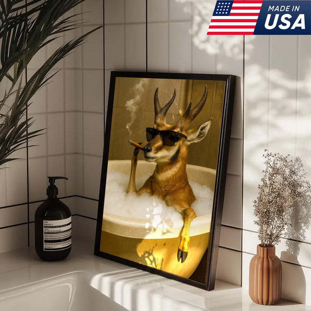 Funny Pronghorn Antelope Smoking Canvas Wall Art – Cool Bathtub & Cigar Gift for Hunters