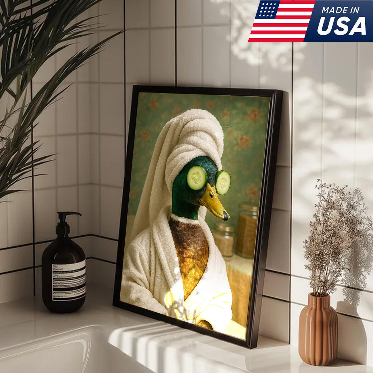 Spa Day Duck Canvas Wall Art, Funny Bathroom Spa Decor, Mallard in Robe with Cucumber Eyes