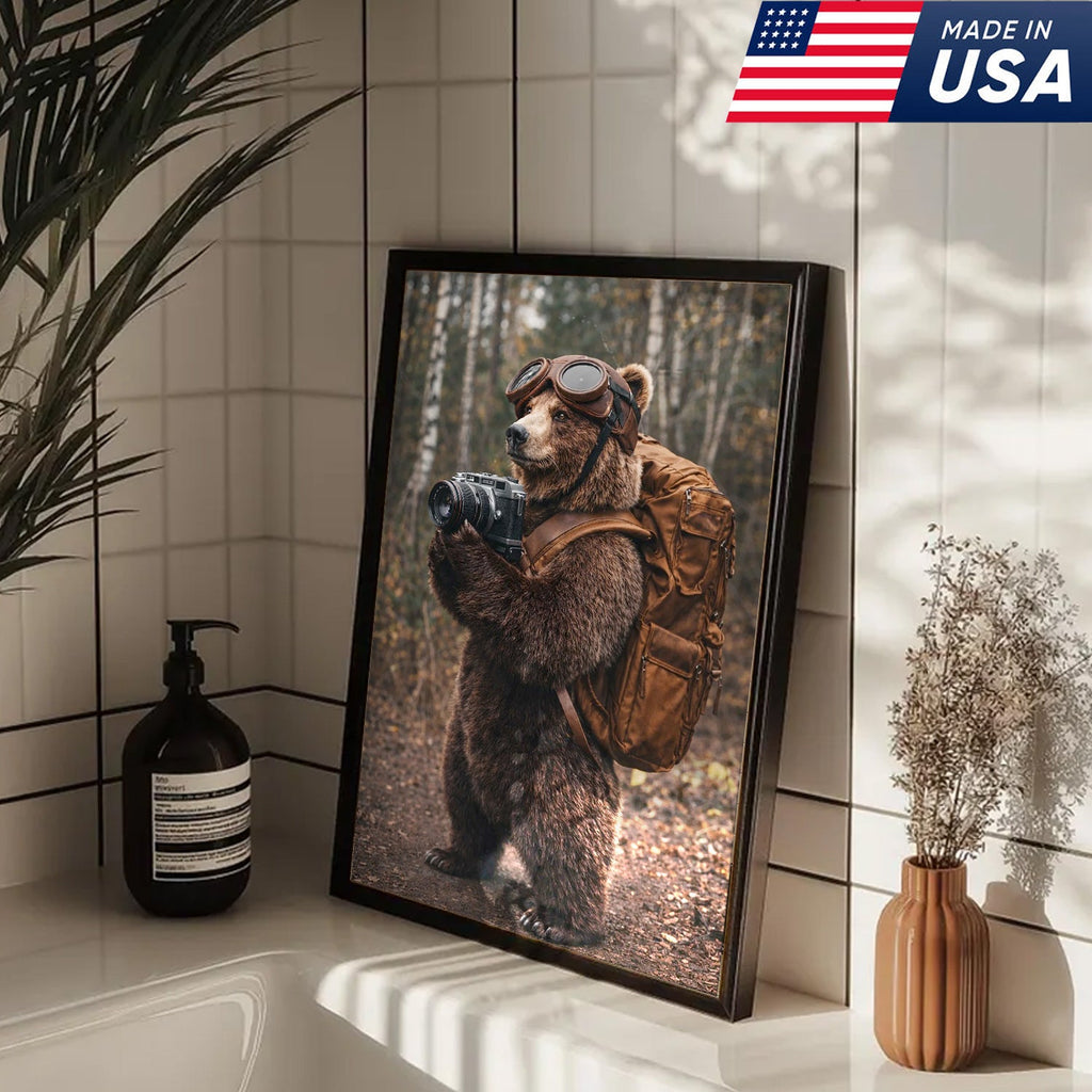 Adventure Bear Photographer Canvas Wall Art – Realistic Wildlife Explorer Print