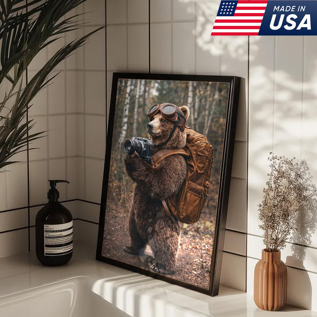 Adventure Bear Photographer Canvas Wall Art – Realistic Wildlife Explorer Print